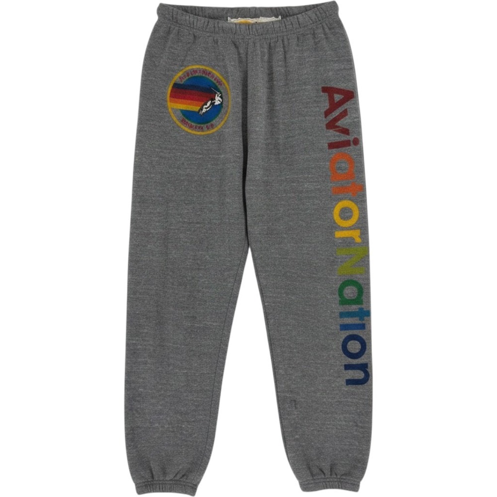 Aviator Nation Rainbow Spellout Logo Patch Joggers Womens S Gray Heathered
